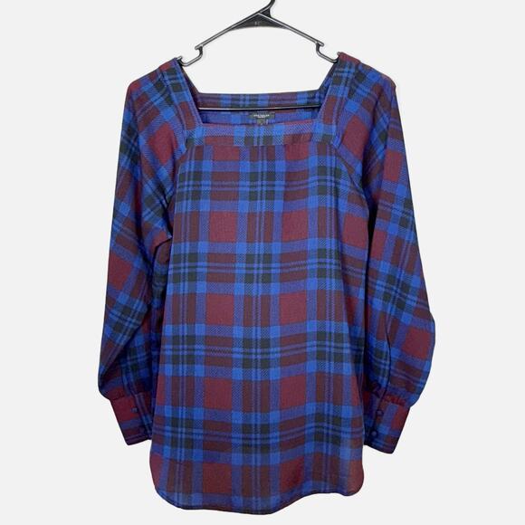 Ann Taylor Factory Plaid Blouse Women’s S Burgundy Blue Long Sleeve Square Neck - Picture 5 of 11